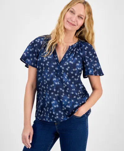 Style & Co Women's Printed Flutter-sleeve Cotton Top, Exclusively At Macy's In Blue