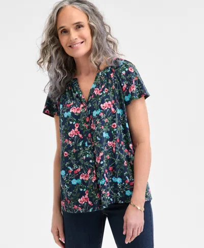 Style & Co Women's Printed Flutter-sleeve Gathered-neck Top, Exclusively At Macy's In Garden Blue