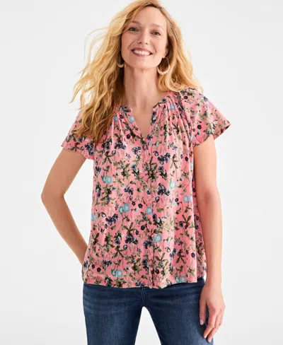 Style & Co Women's Printed Flutter-sleeve Gathered-neck Top, Exclusively At Macy's In Garden Rose
