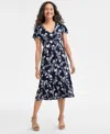 Style & Co Women's Printed Flutter-sleeve Knit Midi Dress, Exclusively At Macy's In Leaves Indigo Blue