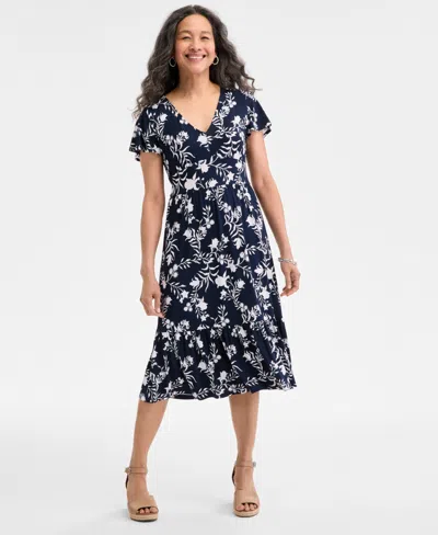 Style & Co Women's Printed Flutter-sleeve Knit Midi Dress, Exclusively At Macy's In Leaves Indigo Blue