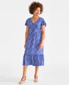 Style & Co Women's Printed Flutter-sleeve Knit Midi Dress, Exclusively At Macy's In Spots Deep Cobalt