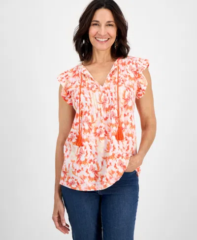 Style & Co Women's Printed Flutter-sleeve Pintuck Blouse, Exclusively At Macy's In Orange