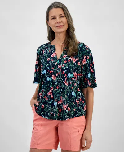 Style & Co Women's Printed Flutter-sleeve Split-neck Top, Created For Macy's In Garden Blue