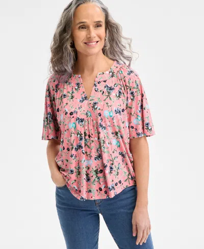 Style & Co Women's Printed Flutter-sleeve Split-neck Top, Created For Macy's In Garden Rose