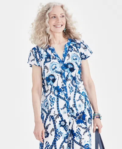 Style & Co Women's Printed Flutter-sleeve Top, Created For Macy's In Blue Print