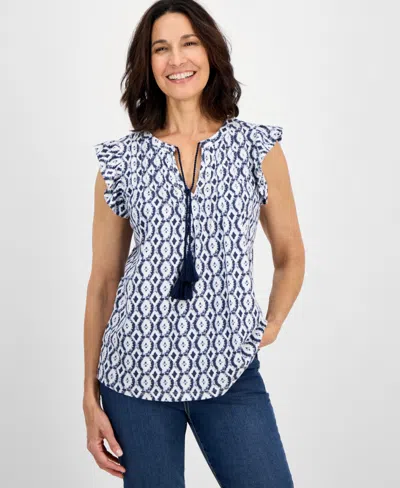 Style & Co Women's Printed Flutter-sleeve Top, Exclusively At Macy's In Blue