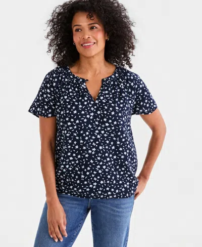 Style & Co Women's Printed Gauze Flutter-sleeve Top, Macy's Exclusive In Blue