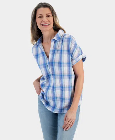 Style & Co Women's Printed Gauze Short-sleeve Popover Top, Created For Macy's In Blue Plaid