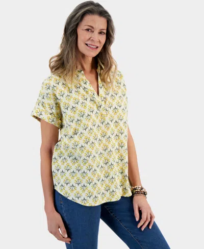 Style & Co Women's Printed Gauze Short-sleeve Popover Top, Created For Macy's In Flower Yellow