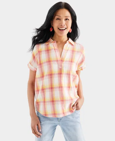 Style & Co Women's Printed Gauze Short-sleeve Popover Top, Created For Macy's In Pink Plaid