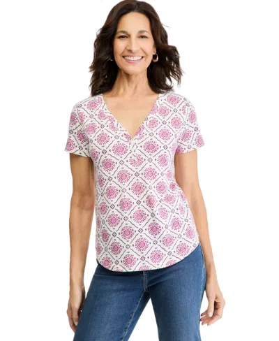 Style & Co Women's Printed Henley Curved Hem T-shirt, Macy's Exclusive In Divine Berry