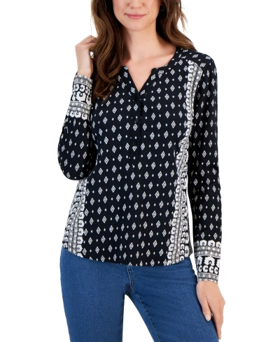 Style & Co Women's Printed Henley Knit Shirt, Created For Macy's In Desert Black