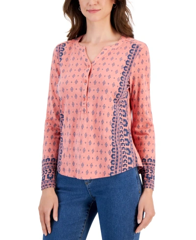 Style & Co Women's Printed Henley Knit Shirt, Created For Macy's In Desert Coral