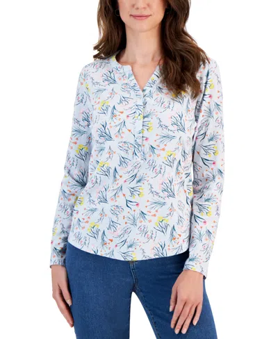Style & Co Women's Printed Henley Knit Shirt, Created For Macy's In Light Blue Floral