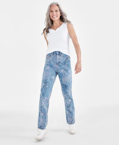 Style & Co Women's Printed High-rise Natural Straight Jeans, Created For Macy's In Dreamy Petals