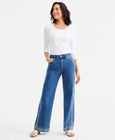 Style & Co Women's Printed High-rise Five-pocket Wide-leg Jeans, Macy's Exclusive In Blue