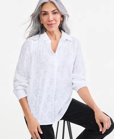 Style & Co Women's Printed Jacaurd Long-sleeve Popover Blouse, Macy's Exclusive In Bright White