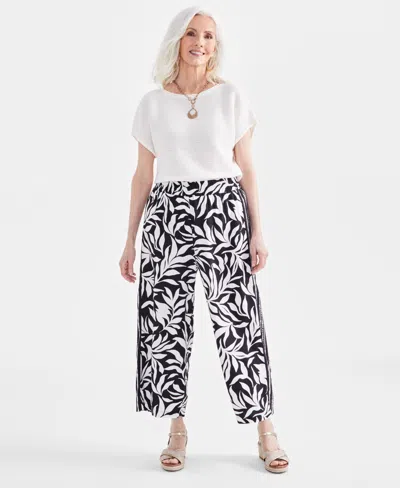 Style & Co Women's Printed Linen Blend Cropped Wide-leg Pants, Created For Macy's In Deep Black
