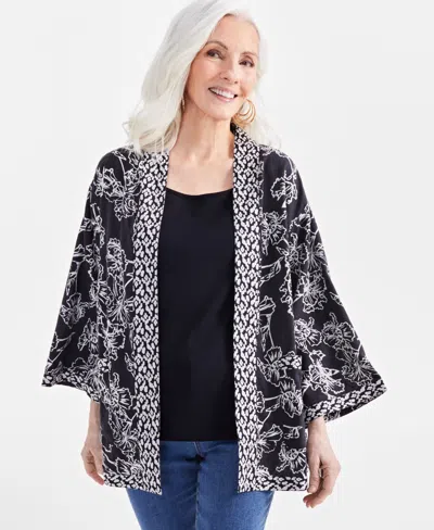 Style & Co Women's Printed Linen Blend Reversible Kimono, Created For Macy's In Black Floral