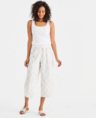 Style & Co Women's Printed Linen Wide-leg Capri Pants, Macy's Exclusive In White
