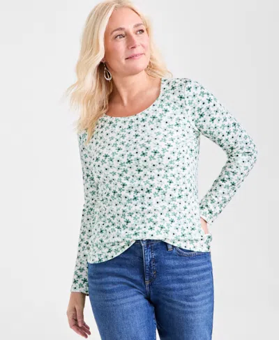 Style & Co Women's Printed Long-sleeve Scoop-neck Knit Top, Exclusively At Macy's In Neutral