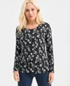 Style & Co Women's Printed Long-sleeve Scoop-neck Top, Macy's Exclusive In Black