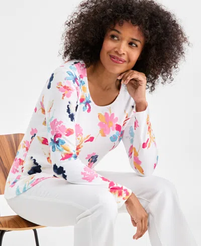 Style & Co Women's Printed Long-sleeve Scoop-neck Top, Macy's Exclusive In White