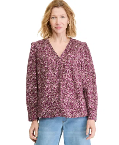 Style & Co Women's Printed Long Sleeve V-neck Blouse, Macy's Exclusive In Burgundy