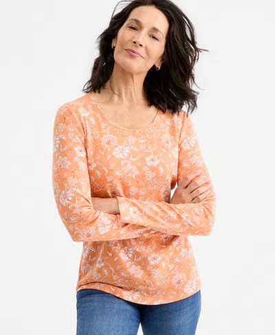 Style & Co Women's Printed Long-sleeve Scoop-neck Top, Macy's Exclusive In Brown