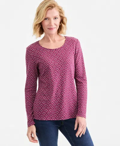 Style & Co Women's Printed Long-sleeve Scoop-neck Top, Macy's Exclusive In Pink