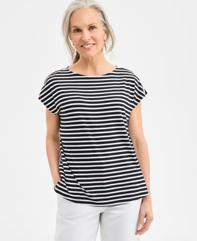 Style & Co Women's Printed Mixed-media Short-sleeve Top, Exclusively At Macy's In Black