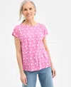 Style & Co Women's Printed Mixed-media Short-sleeve Top, Exclusively At Macy's In Pink