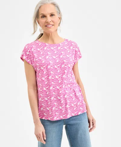Style & Co Women's Printed Mixed-media Short-sleeve Top, Exclusively At Macy's In Pink
