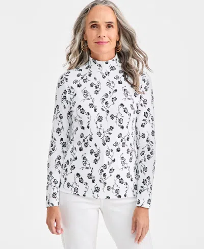 Style & Co Women's Printed Mock-neck Knit Top, Created For Macy's In White