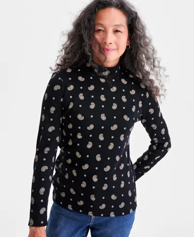 Style & Co Women's Printed Mock Neck Knit Top, Macy's Exclusive In Black