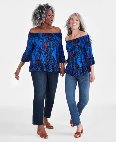 Style & Co Women's Printed On-off-the-shoulder Top, Created For Macy's In Colbalt Print