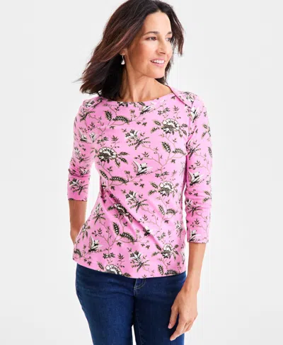 Style & Co Women's Printed Pima Cotton 3/4-sleeve Boat-neck Top, Exclusively At Macy's In Pink