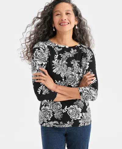 Style & Co Women's Printed Pima Cotton 3/4 Sleeve Boat-neck Top, Macy's Exclusive In Black