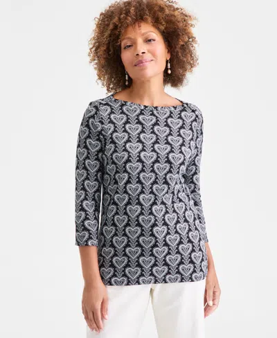 Style & Co Women's Printed Pima Cotton 3/4 Sleeve Boat-neck Top, Macy's Exclusive In Gray