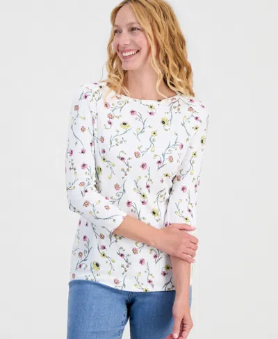 Style & Co Women's Printed Pima Cotton 3/4 Sleeve Boat-neck Top, Macy's Exclusive In White