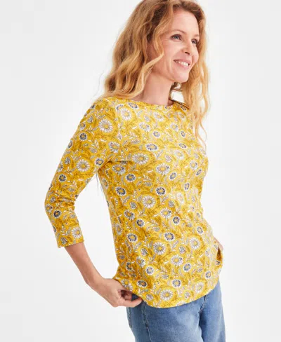 Style & Co Women's Printed Pima Cotton 3/4-sleeve Top, Created For Macy's In Bloom Yellow