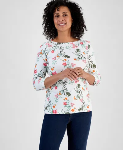 Style & Co Women's Printed Pima Cotton 3/4-sleeve Top, Exclusively At Macy's In Floating White