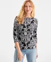 Style & Co Women's Printed Pima Cotton 3/4-sleeve Top, Exclusively At Macy's In Floral Black