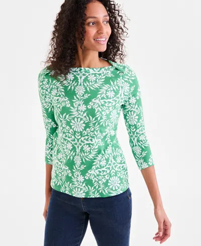 Style & Co Women's Printed Pima Cotton 3/4-sleeve Top, Exclusively At Macy's In Floral Green