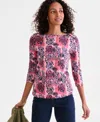 Style & Co Women's Printed Pima Cotton 3/4-sleeve Top, Exclusively At Macy's In Pink Patchwork