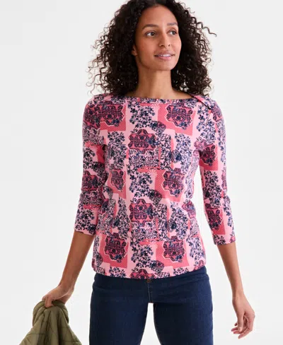 Style & Co Women's Printed Pima Cotton 3/4-sleeve Top, Exclusively At Macy's In Pink Patchwork