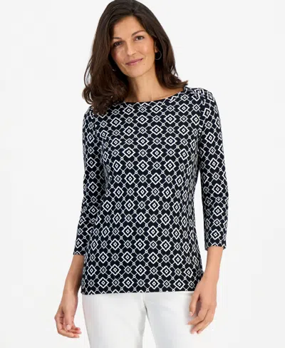 Style & Co Style Co Womens Printed Pima Cotton 3 4 Sleeve Boat Neck Top Macys Exclusive In Multi