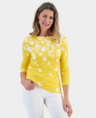 Style & Co Women's Printed Pima Cotton Boat-neck 3/4-sleeve Top, Created For Macy's In Raining Crn Ylw