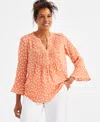 Style & Co Women's Printed Pintuck Ruffle Sleeve Blouse, Exclusively At Macy's In Dot Papaya